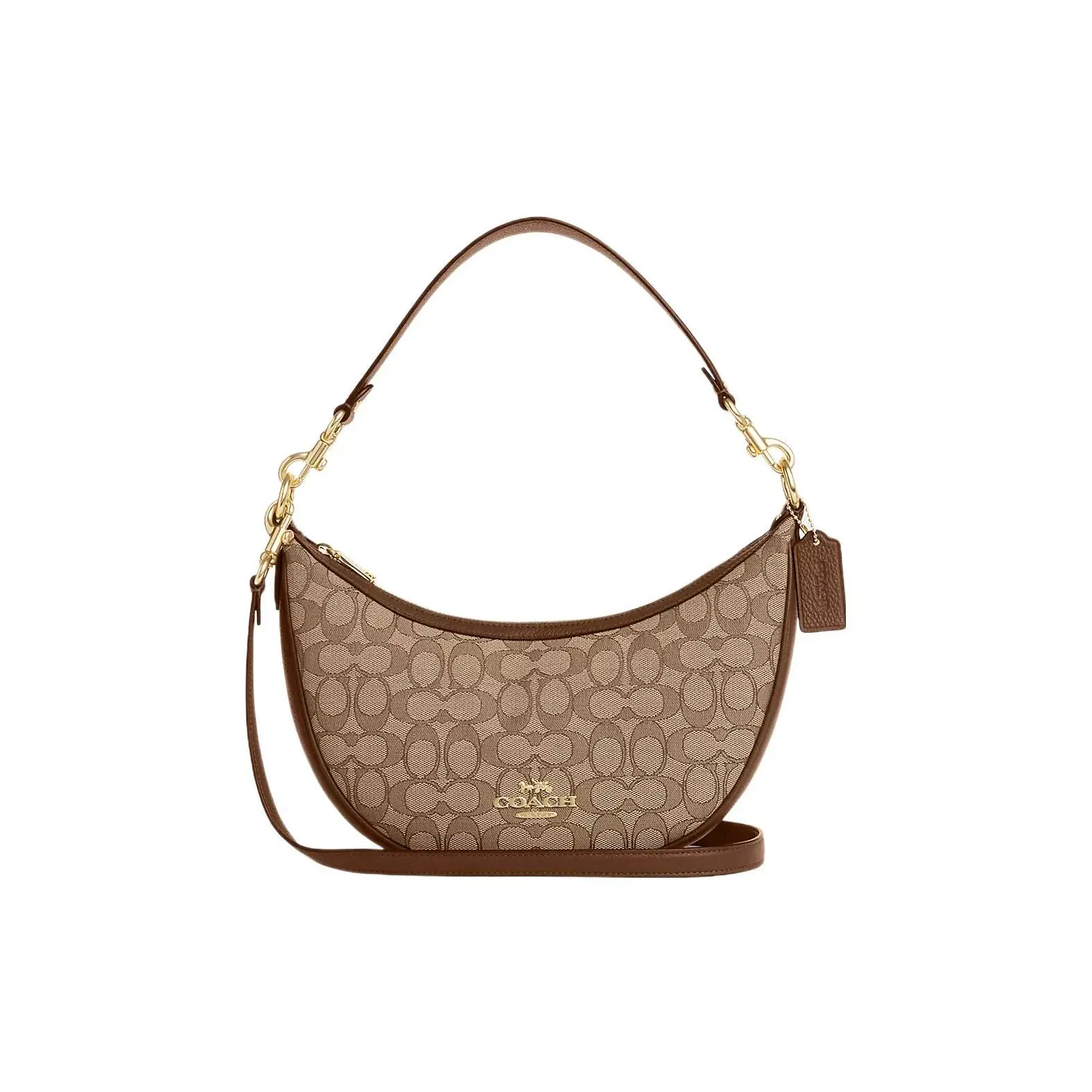 Women's COACH Aria Cowhide Leather Crossbody Shoulder Bag - Brown, Gold Logo, Classic Monogram, Zipper Closure, Crescent Leather Shoulder Bags