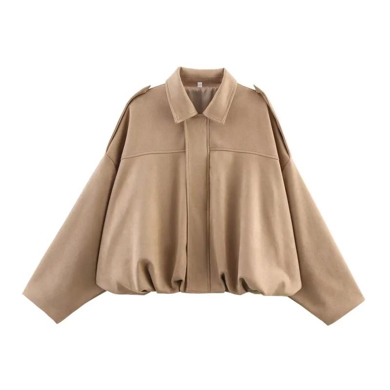 2026 Spring New Women's Suede Texture Effect Loose Fit Fashion Lapel Shoulder Bomber Jacket in Olive Brown & Burgundy