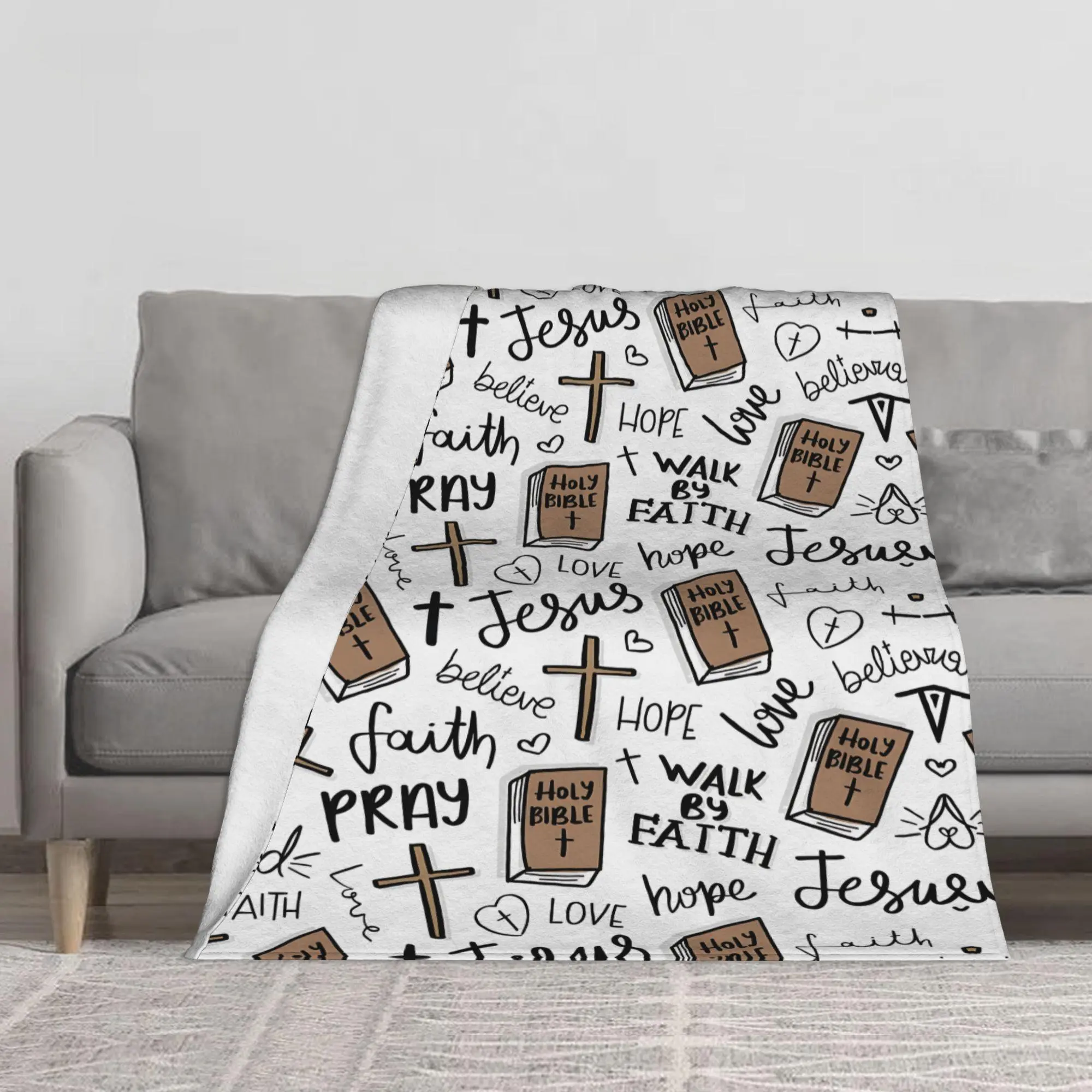 Christian Faith Theme Flannel Fleece Blanket Multi‑Size Jesus Holy Bible Cross Print Super Soft Warm Plush Throw Blanket for Bedroom Sofa Couch Religious Home Decor Gift