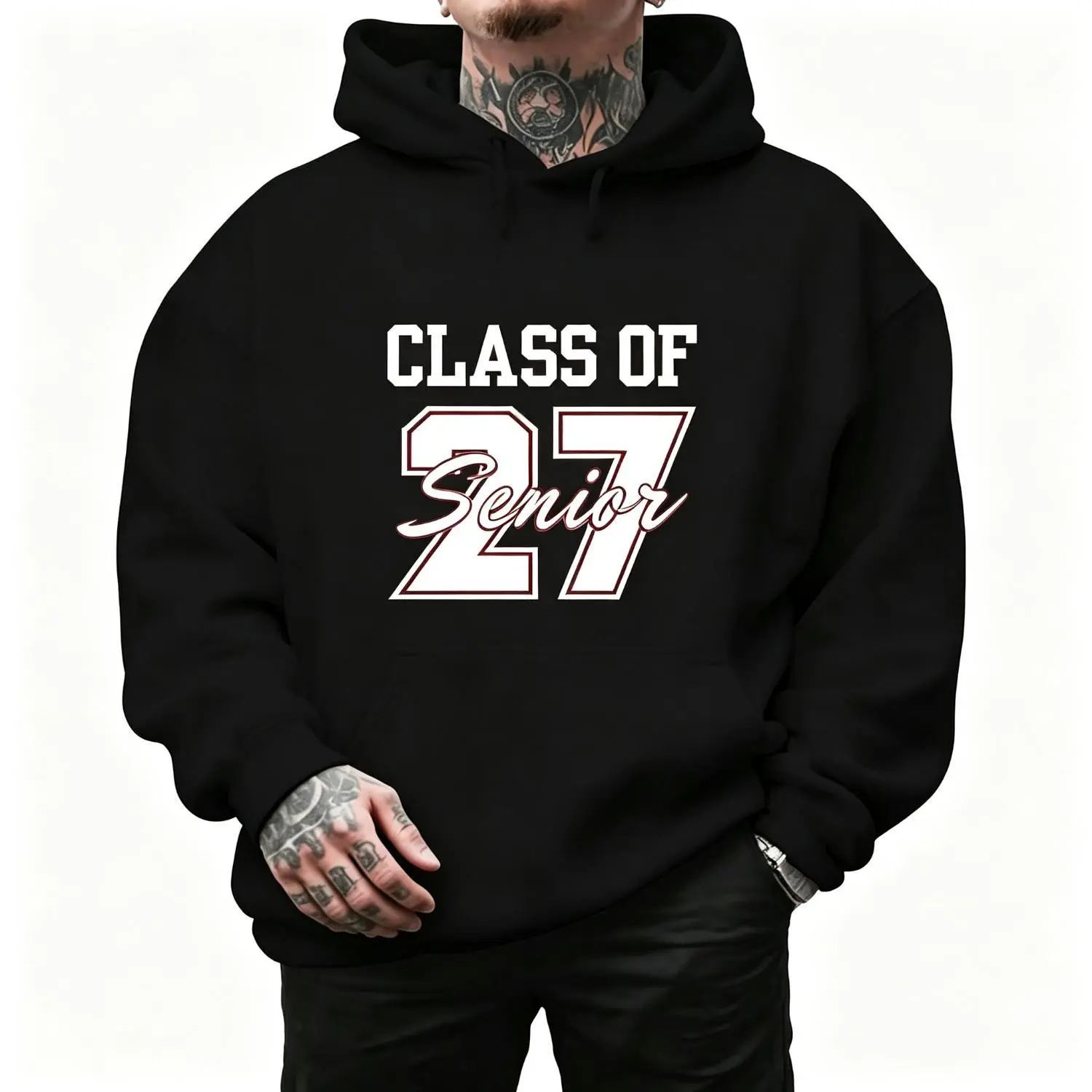Class of 27 Senior Letter Print Varsity Style Pocket Hooded Sweatshirt Fleece Unisex Pullover Casual College Reunion Hoodie