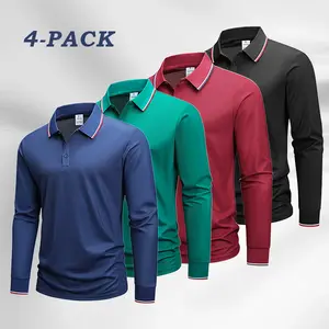 Men's 4-Pack Long-Sleeve Polos - Color-Block Collar & Cuffs, Moisture-Wicking Fabric, Perfect for Casual Fall/Winter Wear