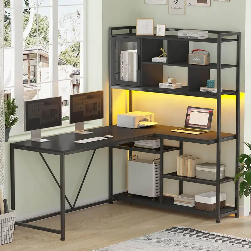 [SummerSale] Sikaic 58 Inches L Shape Corner LED Gaming Desk With Bookshelf Storage Shelves Table Furniture Adjustable Height Display Ergonomic Home Office Computer Pc Desk Dual Monitor Stand, Home Furniture, Dorm Essentials