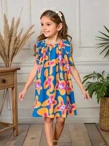 Toddler Girl's Abstract Print Fly Sleeve Sweater Dress, Cute Casual A Line Dress for Daily Outdoor Wear, Toddler Girls Dress for Summer