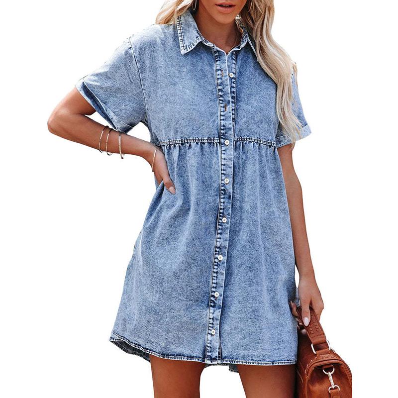 MIDIROSS Women's Short Sleeve Button Down Flowy Tiered Babydoll Denim Dress