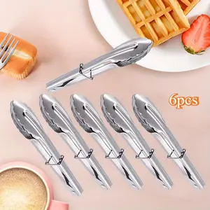 Set of 6 Mini Stainless Steel Food Tongs with Silding Rings 7 Inch Small Clam Shell Service Tongs for Serving Appetizers, Desserts, Salads, Barbecue and Cooking (Silver)