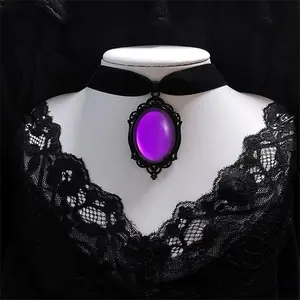Gothic Velvet Victorian Choker Necklace,Vintage Stardust Crystal Cameo Necklace Goth Purple/Red/Black Gem Pendant Necklace Punk Satan Demon Halloween Jewelry for Women