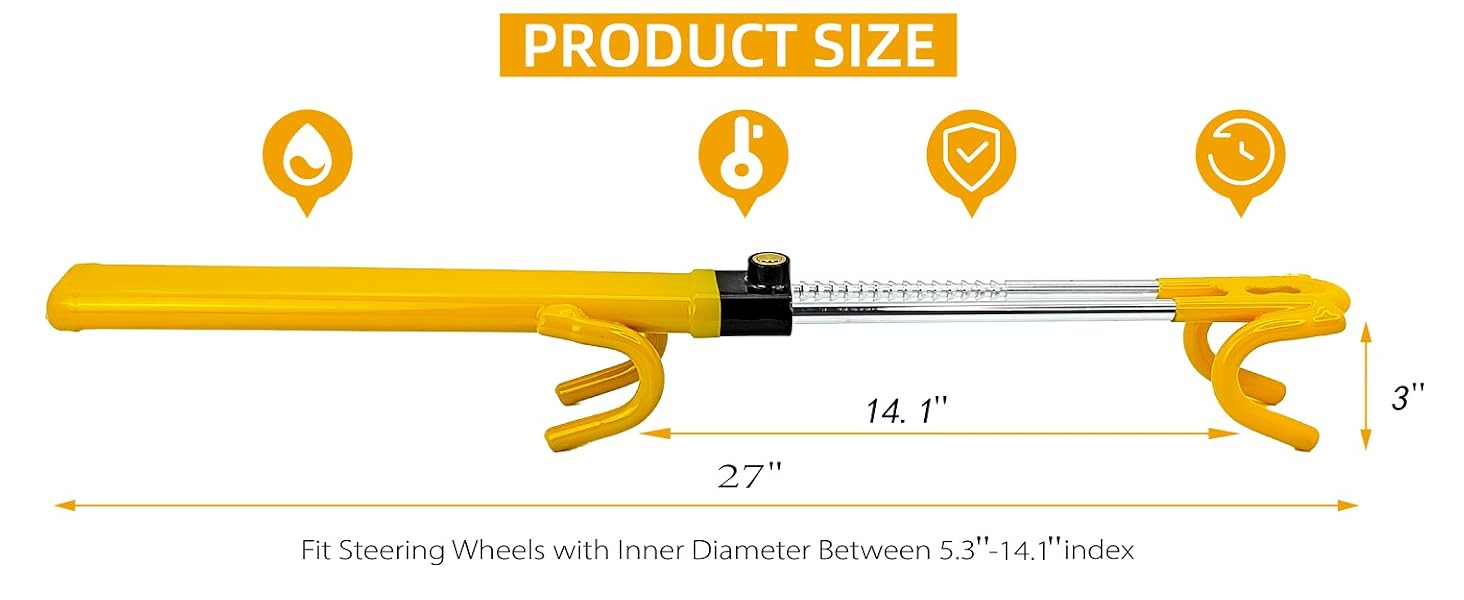 Steering Wheel Lock for Universal Adjustable Length Anti-Theft Device Locks Double Hook Locks for SUV Pickup Truck Van(Yellow)