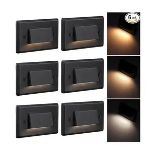 Dimmable 3CCT LED Step Lights Black 100-277V Commercial Anti Glare Outdoor Stair Light 2700K/3000K/4000K Selectable CRI90 150LM Landscape Deck Step Lighting IP65 ETL Listed Pack of 6