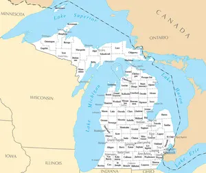 Map of Michigan MI - County Map with selected Cities and Towns - Peel and Stick Wall Decal