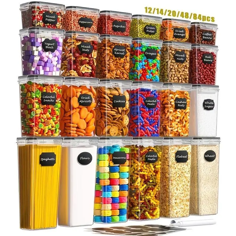 12/14/20/48/84pcs Food Storage Container Set, Fresh-Keeping Boxes, Easy-to-Secure Lids - Airtight Plastic Containers, Suitable For Pantry, Travel, Outdoor Picnics, Kitchen Organization, Comes With Labels And Marker(6/7/10/24/42 Lids+Containers)