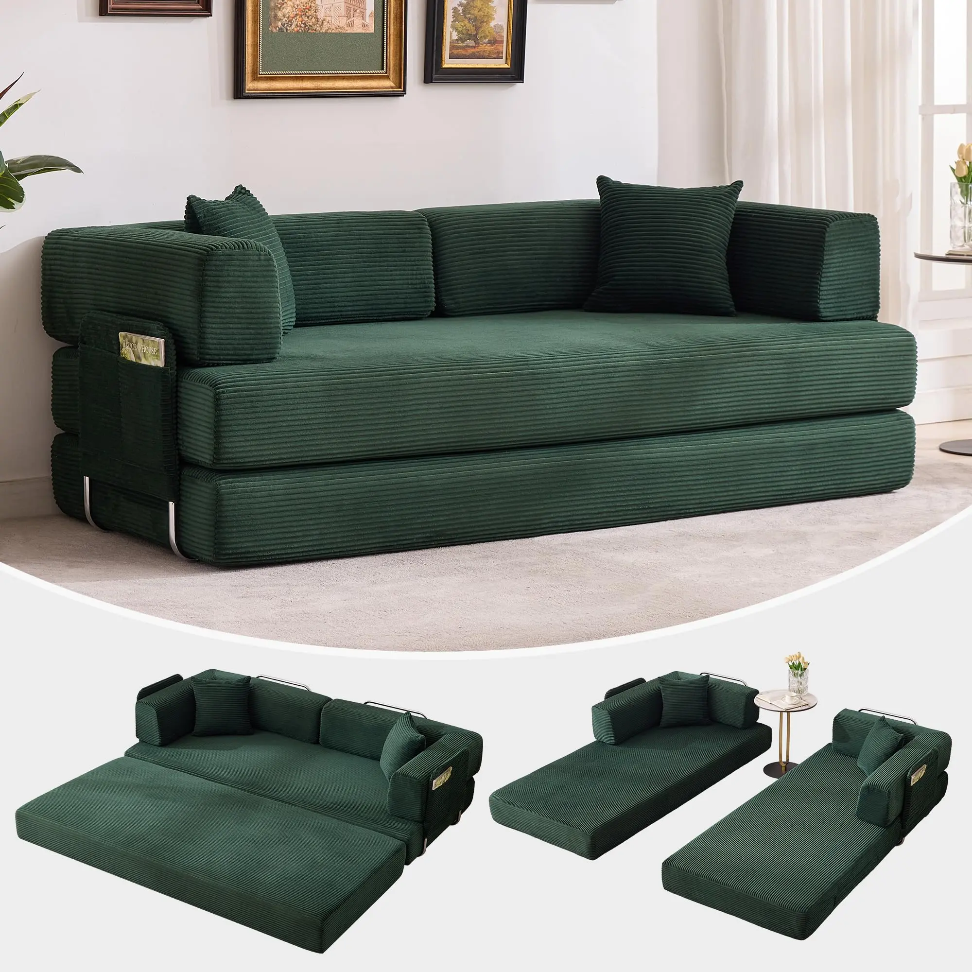 5-in-1 Corduroy Convertible Sofa Bed - 78.8 in Pull-Out Sleeper Loveseat, No-Assembly Floor Futon Couch with Removable Washable Cover for Small Spaces Outdoor Furniture Set