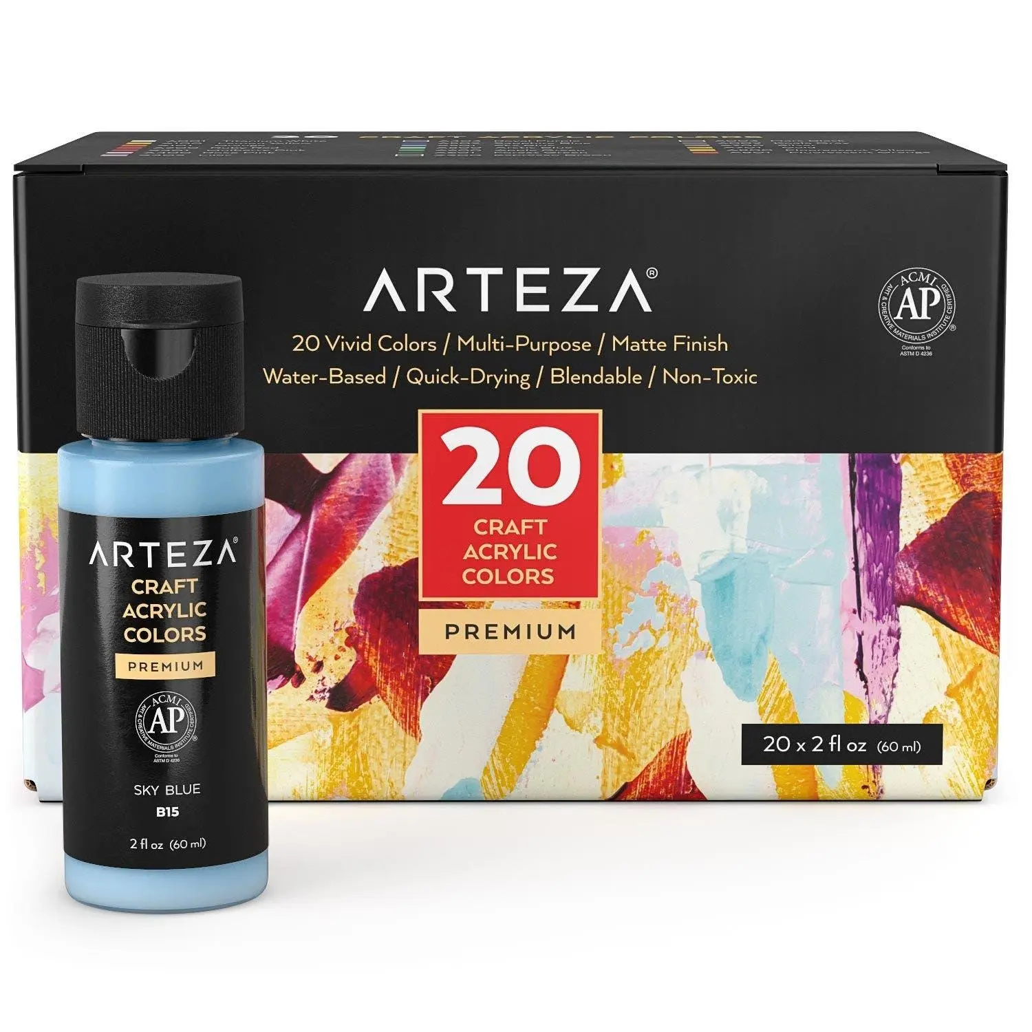 Arteza® 20-Pc Water-Based Craft Acrylic Paint Set (ARTZ-9533) - Quick-Dry, Matte Finish, Blendable, Non-Toxic, Strong Coverage, Layering-Friendly, Paint Flow Control, Easy-To-Clean DIY Painting Supplies for Crafters