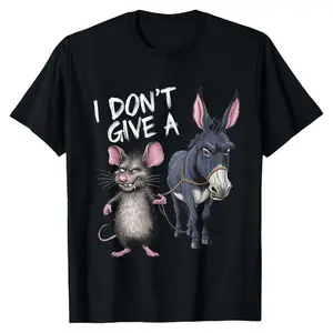 Funny "I Don't Care" Mouse and Donkey Graphic T-Shirt - 180g Cotton Vintage Loose Short Sleeve Crew Neck Casual T-Shirt, Humor Design