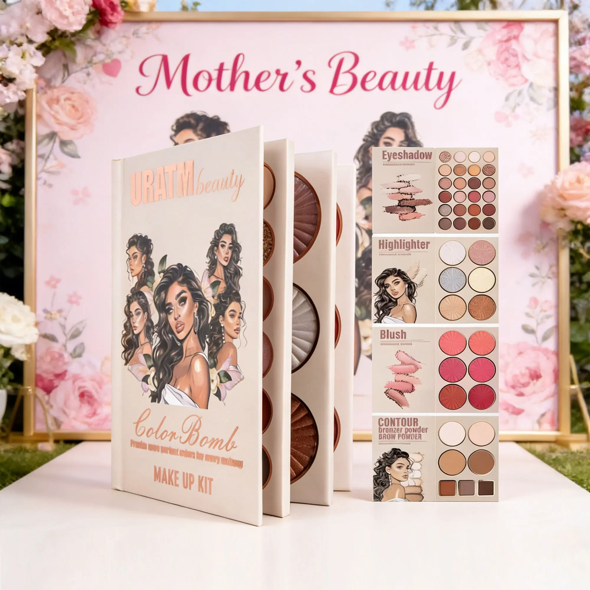 Four-layer all-in-one makeup book, complete your base to eye makeup in one stop, covering seven core cosmetics: eyeshadow, highlighter, blush, eyebrow powder, contour, brightening, and face powder, Palette Set, Cosmetic Gift Set, Beauty Essentials Set