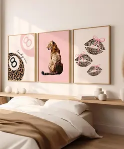 Pink Set of 3 Leopard Wall Art Coquette Cheetah Kiss Print 8 Ball Lucky Trendy Poster Animal Print Poster Girly Preppy Home Decor