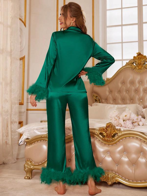 Feather Decor Faux Silk Long Sleeve Top Pants Pajama Set Fall Clothes Cozy And Elegant Details - Dark Green