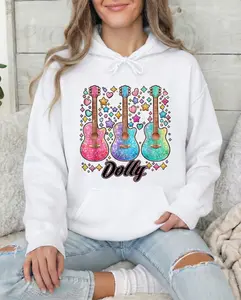Women's Dolly Parton Inspired Western Country Girl Aesthetic Hoodie with Three Colorful Guitars and Stars Print Sarcastic Quote Hooded Sweatshirt Oversized Pullover with Pocket Nashville Concert Outfit