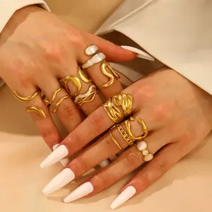Gold Tone Abstract Stackable Ring Set, Assorted 12-Piece Ring Pack with Molten, Wavy and Shell-Inspired Designs, Textured Statement Rings for Modern & Minimalist Styling