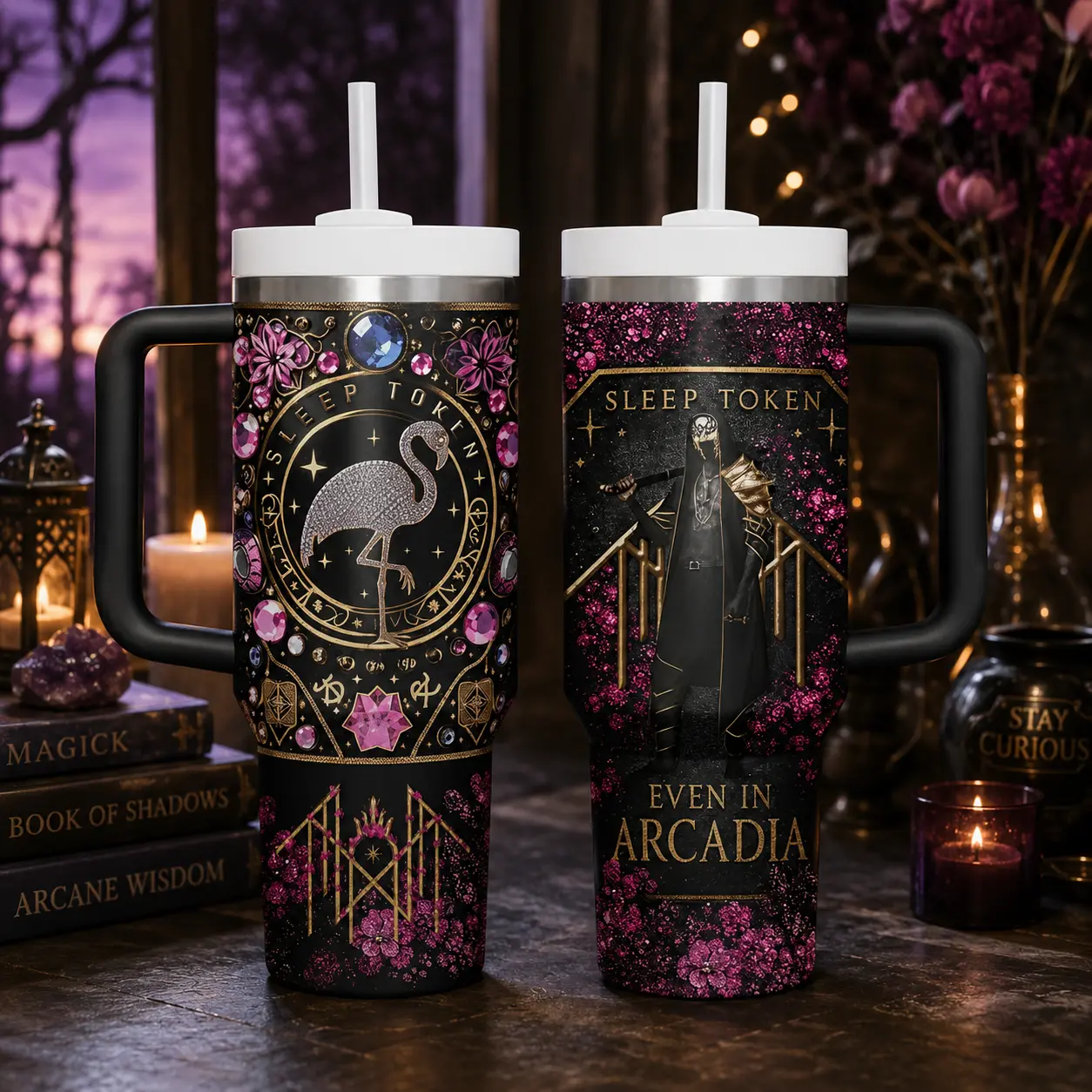 Sleep Token Even in Arcadia 40oz Tumbler with Handle & Straw, Gothic Rock Insulated Travel Cup, Vessel Music Drinkware, Dark Alternative Band Fan Gift, Concert Collectible Cup