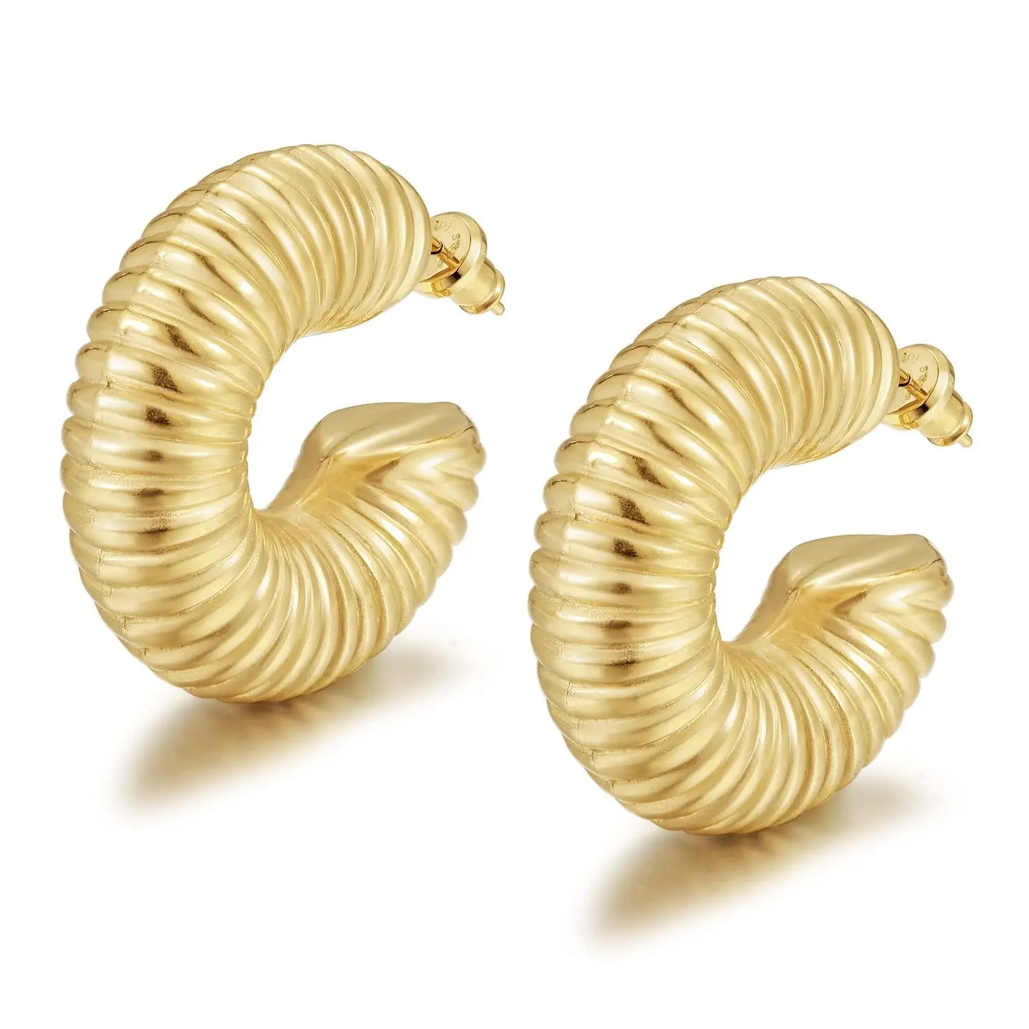 Guilloche Hoop Earrings for Women – Gold Tone Textured Statement Hoops, Lightweight Chunky Hoop Earrings, Fashion Jewelry