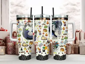 [MADE IN US] Studio Ghibli 40oz Tumbler with Handle, Totoro, No Face & Calcifer Anime Travel Mug with Straw, Premium Insulated Stainless Steel Fan Gift Idea