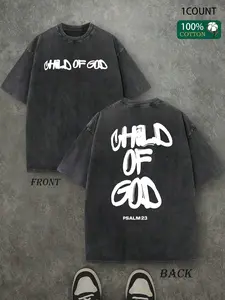 Vintage Wash Graphic Cotton T-Shirt with Child of God G Graffiti Print, Casual Streetwear Loose-Fitting Short Sleeve Tee for Everyday Style
