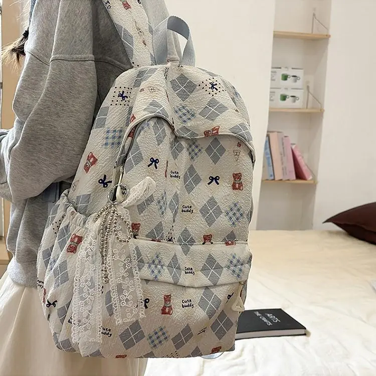 Plaid Bear Print Sweet Backpack, Lightweight All-Match School Bag for Middle & High School