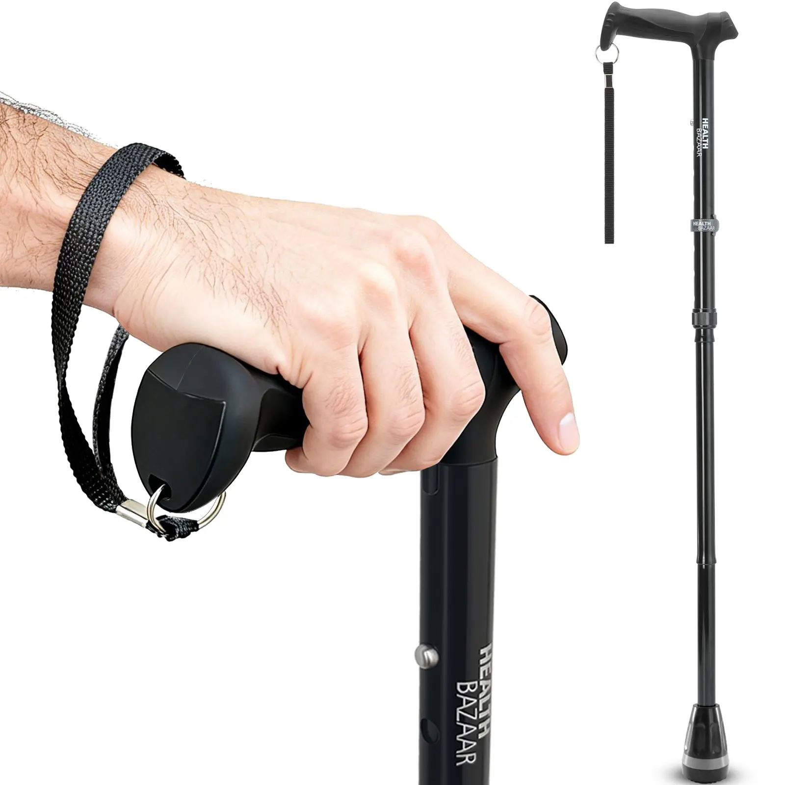 HEALTHBAZAAR All Terrain Walking Cane for Men & Women, Lightweight, Foldable, Adjustable, Shock Absorption, Collapsible Walking Stick for Seniors & Adults