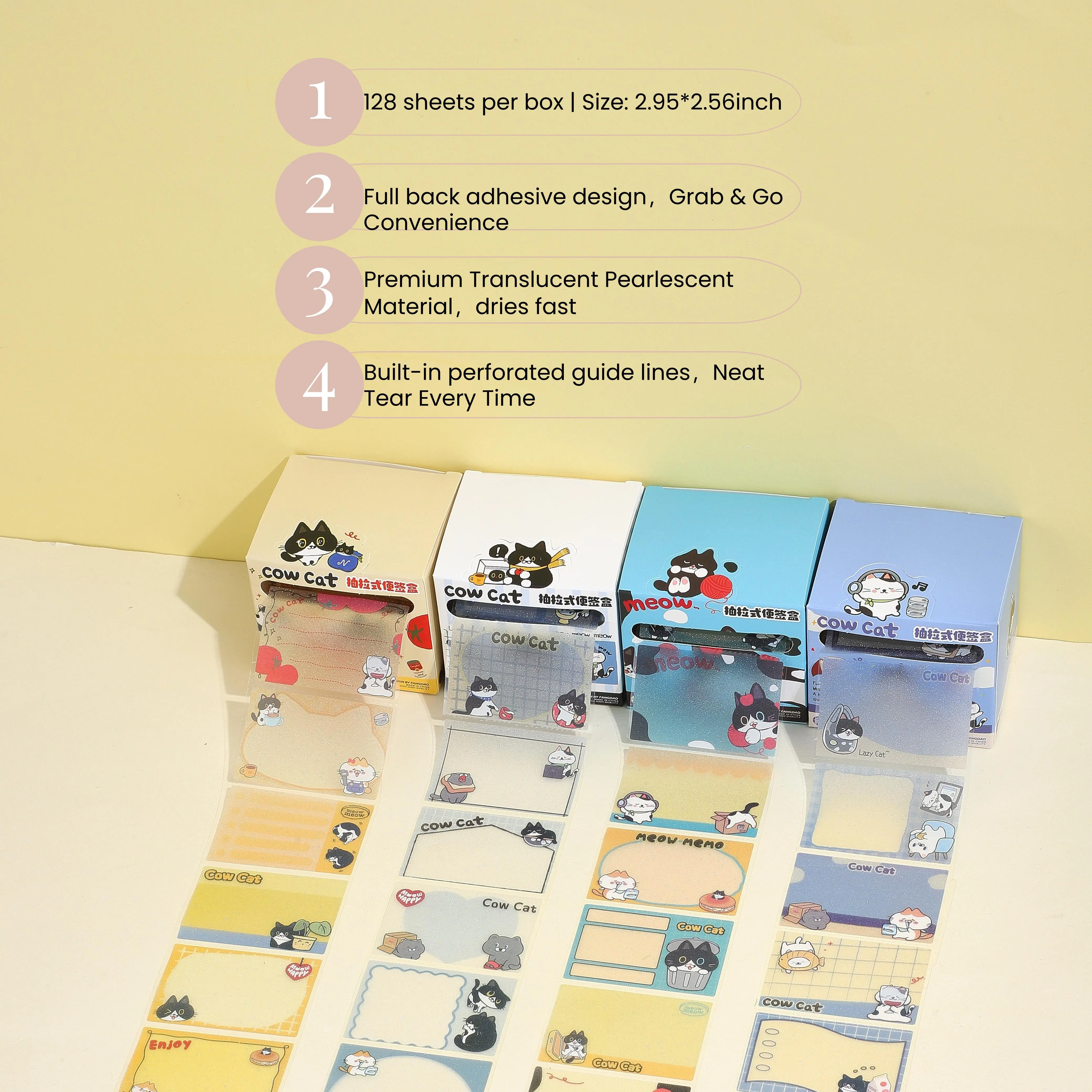 Cute Creamy Kitten Pattern Sticky Notes，128pcs/box Creative Multi-Purpose Sticky Notes, Sticky Memo Pads for Home, School and Office, Sticky Labels