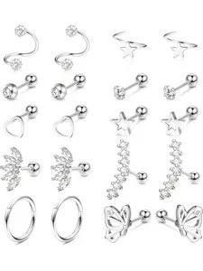 10 Pairs Cartilage Earrings Set for Women Girls 16G 316L Stainless Steel Heart Star Butterfly CZ Conch Trgus Helix Cartilage Stud Piercing Jewellery, Stainless Steel