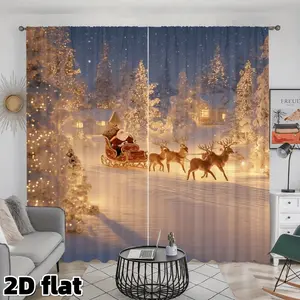 2D Flat 2Pcs Magical Christmas Reindeer Sleigh Curtains, Snowy Night Scene, Golden Twinkle Lights Print, Semi Sunshade Rod Pocket Design, Perfect for Living Room Bedroom Balcony Kitchen Study Window Decoration, Home Decoration Curtain