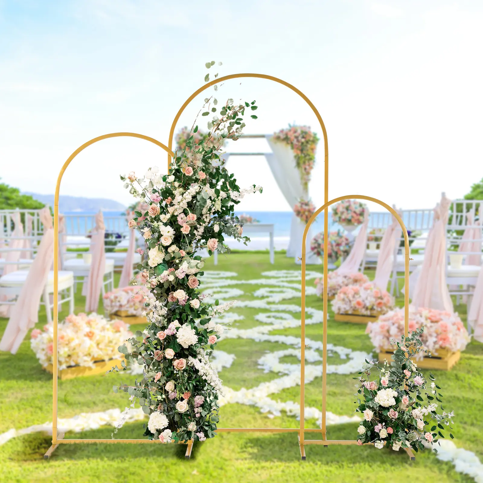 Golden Iron Wedding Arch Backdrop Stand Set Of 3, 5.9/4.9/3.9Ft Arc‑Top Metal Arbor Frame, Reusable Wedding Arch Frame For Party Bridal Shower Baby Shower Event Photo Background Decoration