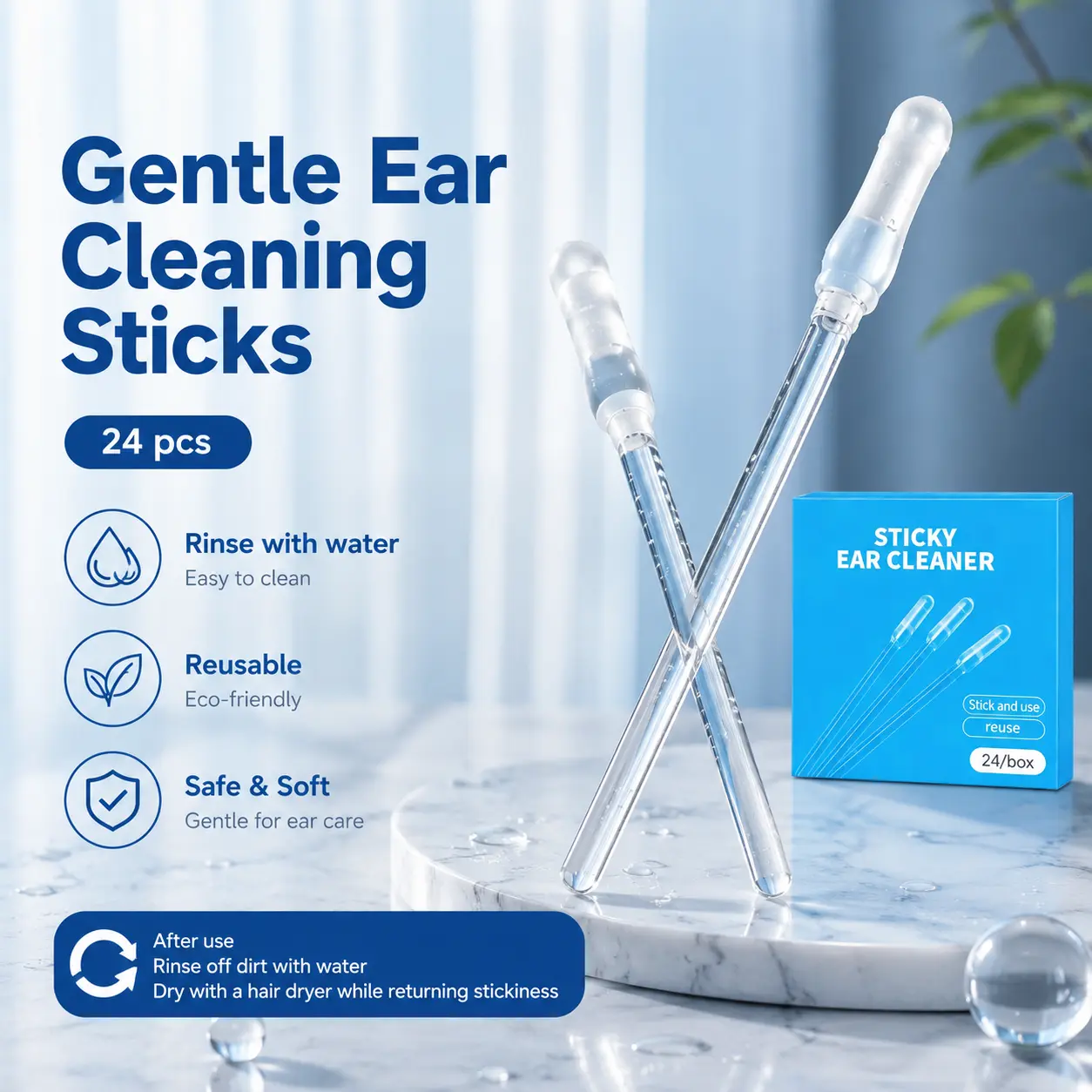 Sticky Ear Cleaning Sticks for Adults, Reusable Sticky Ear Cleaner Picks, Adhesive Swabs for Removal, Gentle Soft Ear Scoop Remover Tool with Dust Cover Packaging (1 Set/24 Pieces)