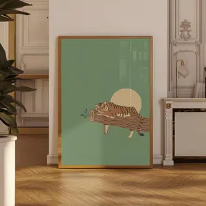 Minimalist Tiger Poster Sleeping Tiger Wall Art Print Green Mid Century Animal Illustration, Scandinavian Nursery Decor, Kids Room Art Print