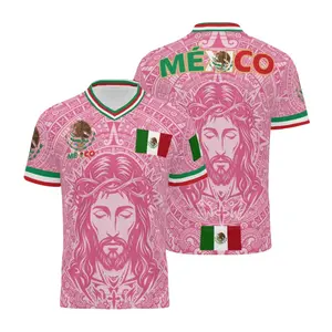 Pink Unisex Mexican Football Jersey - Virgin Mary & Saint Jude Casual T-Shirt.Featuring a breathable pinhole design, V-neck, and short sleeves, this top is adorned with a vibrant Eagle and Serpent motif.Ideal for summer wear The perfect gift.