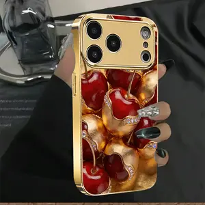 Gold-plated Diamond Cherry Pattern Phone Case New Electroplated Glass Phone Case, Suitable for iPhone 17/16/15/14/13/12/11 Full Coverage Anti-drop Phone Case, Anti-drop Anti-slip Phone Case