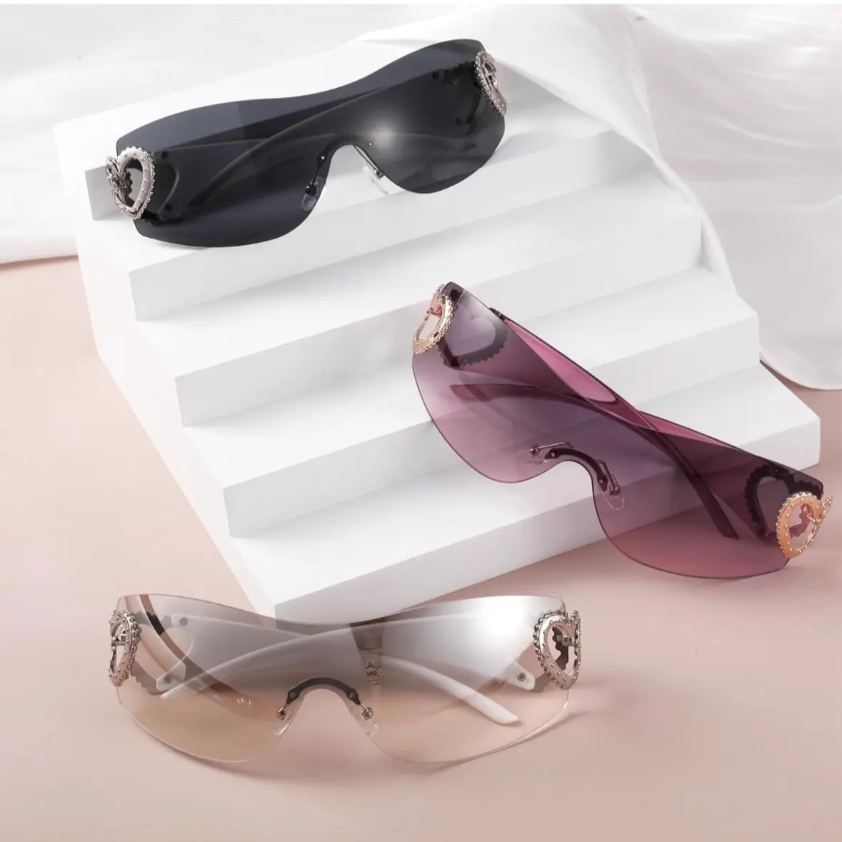 3 Pairs Rimless Y2K Heart Sunglasses for Women Men, Trendy 