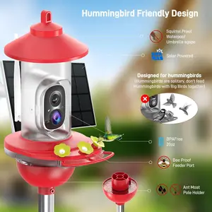 Hummingbird Feeder with Camera Solar Power, 2K Smart Hummingbird Feeder Camera Solar Powered with AI Identify, Ant Moat Pole Holder, Auto Detect, Ideal Gift for Hummingbird Lover (20 oz)