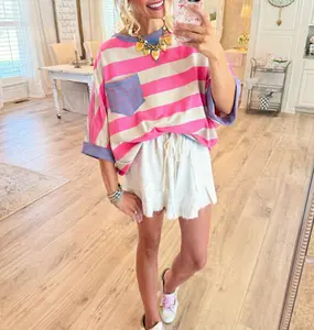 Fisoew Womens Cotton T-shirts Striped Drop Shoulder Pocket T-shirt Loose Fit Half Sleeve Casual Blouses for Daily Wear Vacation & Leisure #Springtok SpringStatements