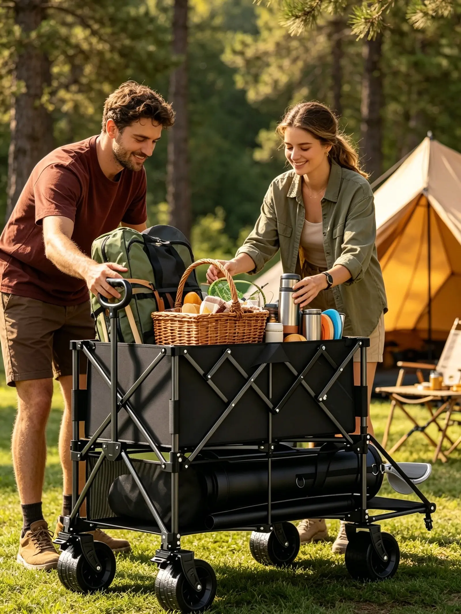 Double Decker Folding Wagon Cart - Heavy Duty All-Terrain Utility Cart with Big Wheels, for Camping, Sports & Grocery