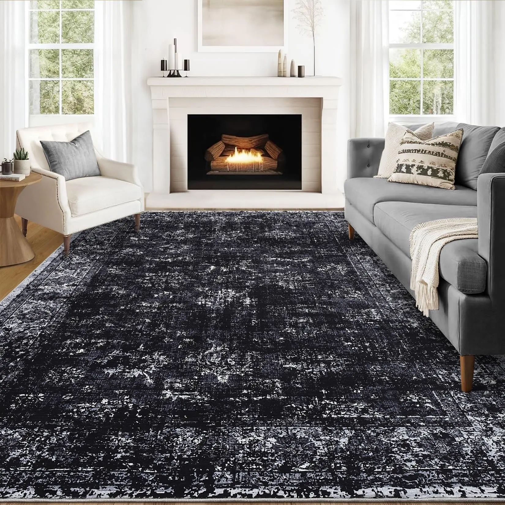 9x12 Washable Non-Slip Vintage Area Rug - Soft Pearl Velvet, Low Pile, Distressed Print, Non-Shedding - Perfect for Bedroom, Living Room, Black