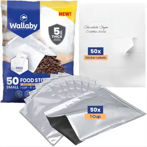 Wallaby 1-Cup Mylar Bags with Labels (50 Count) 10 Mil Total Thickness -Long Term Food Storage - Heat-Sealable Airtight Packaging - Silver