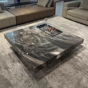 42“ Square Coffee Table with Glossy Sintered Stone Table-top, Modern Coffee table with Stainless steel legs for Living Room Furniture Home