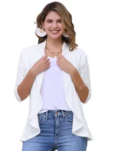 INSPIRE CHIC Women's Eyelet Cardigan 3/4 Sleeve Lapel Neck Ruffle Open Front Casual Lightweight Outwear