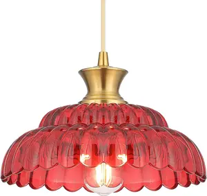 Red Glass Pendant Light, 11.8" Vintage Brushed Gold Hanging Ceiling Light for Dining Room Kitchen Island Bedroom