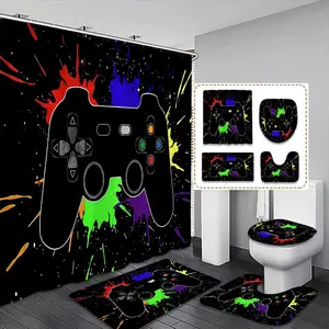 Game Controller Pattern Waterproof Shower Curtain Set, 1/4 Counts Including Non-slip Bath Mat & U-shaped Mat & Toilet Lid Cover & Shower Curtain with Hooks, Bathroom Accessories