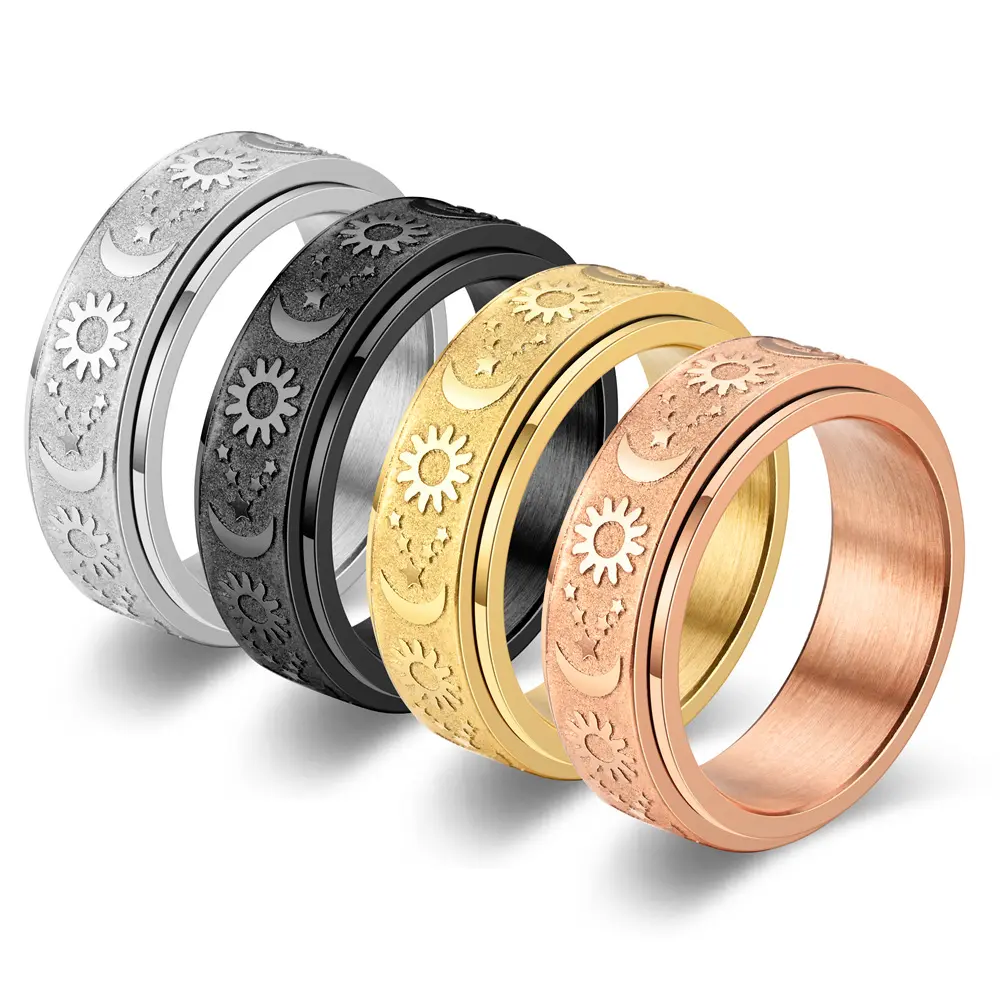 Star Moon Sun Titanium steel casting ring, rotatable decompression ring hand jewelry Adjustable Rings Stackable Rings