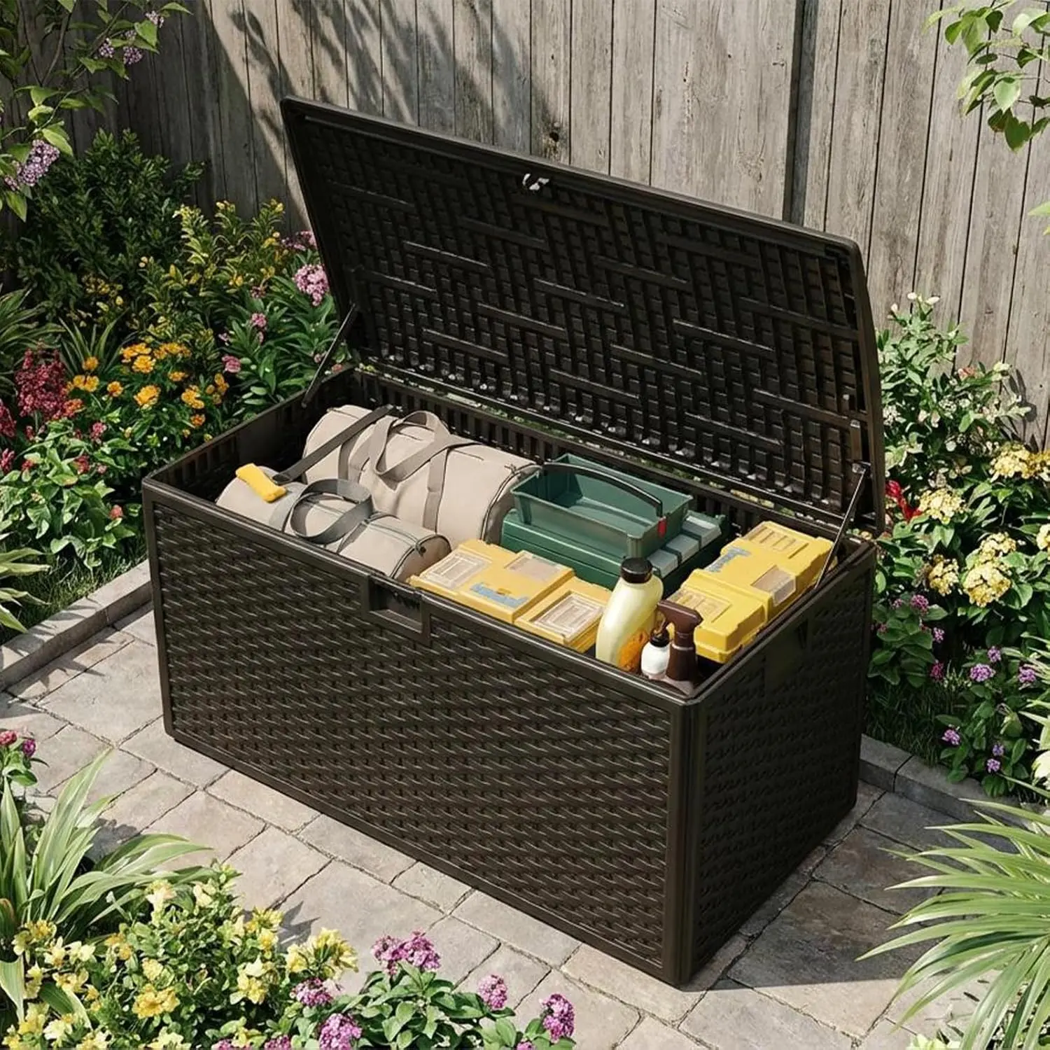 73 Gallon Waterproof Large Resin Deck Box Indoor Outdoor, Lockable Storage Container for Patio Furniture Cushions, Throw Pillows, Garden Tools, and Pool Floats, Black