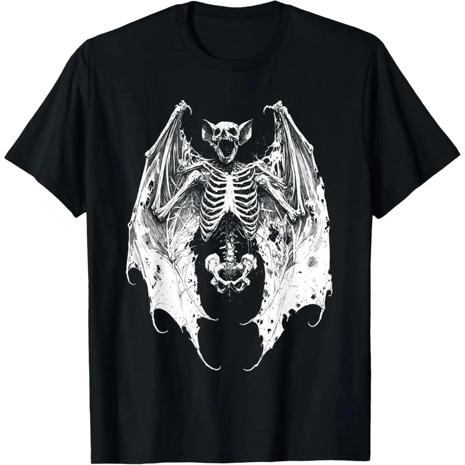 Men's Classic Goth T-Shirt with Bat Skeleton Graphic, Stylish Cotton Shortsleeve Menswear Top for Halloween & Casual Wear, Graphics, Round Neck, Clothes