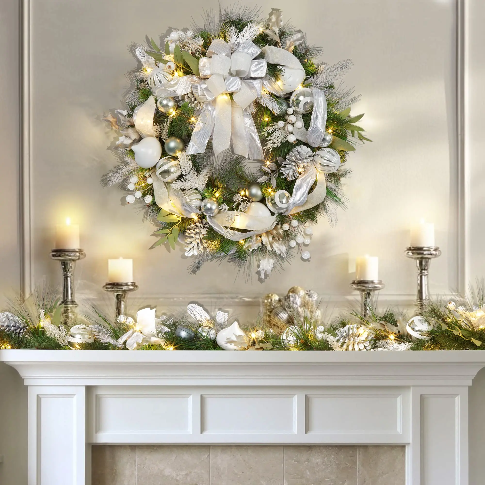 30" Silver & White Christmas Wreath for Front Door - Battery Operated with 40 LED Lights - Lighted Xmas Decor for Fireplace, Window & Holiday Parties